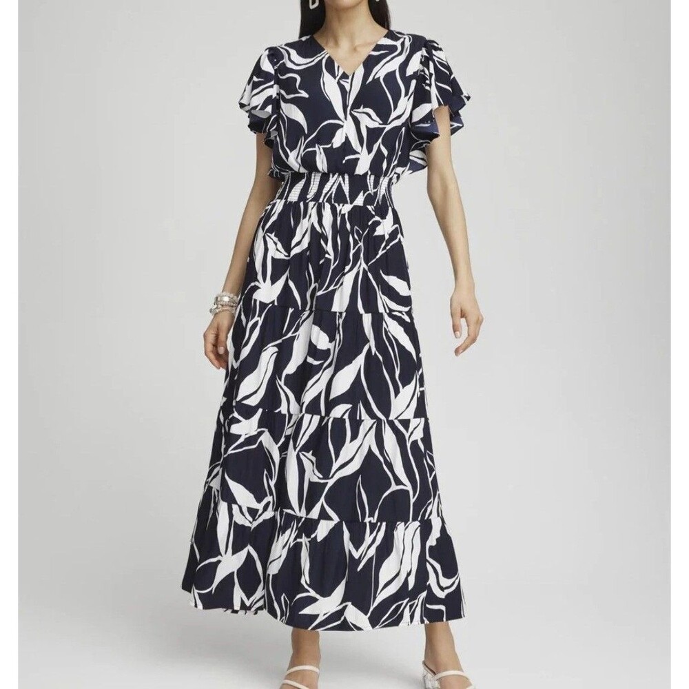 Chico's Floral Tiered Smocked Waist Maxi Dress Blue White Women 16 (Size 3) - Picture 3 of 17